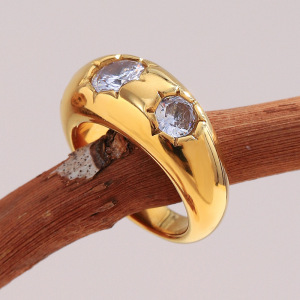 Bague Glamour Ronde En Acier Inoxydable Étanche Couleur Or Avec Pierre Précieuse (1 Pièce) h5 Image2