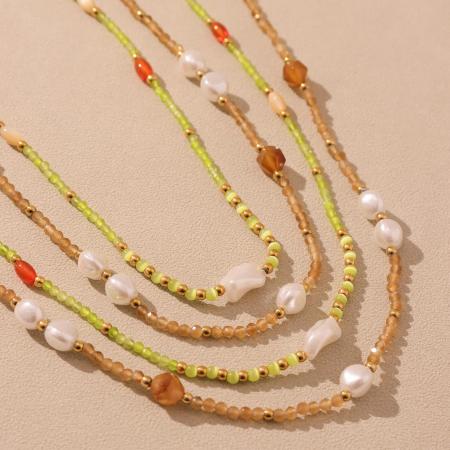Collier élégant en perles naturelles et pierres dorées pour femme, 1 pièce 2