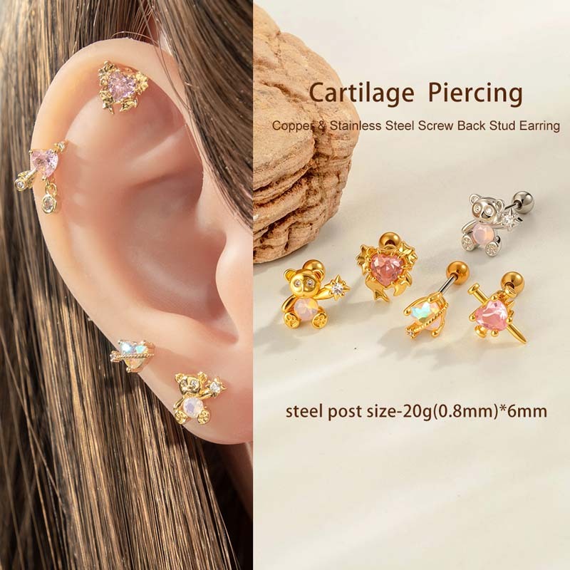Boucles D'Oreilles Percées Sweet Bear En Cuivre Et Zircon Couleur Or Pour Femme, 1 Pièce h5Image5