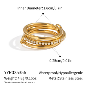 Bague Simple Patchwork En Acier Inoxydable Imperméable Couleur Or Avec Strass h5