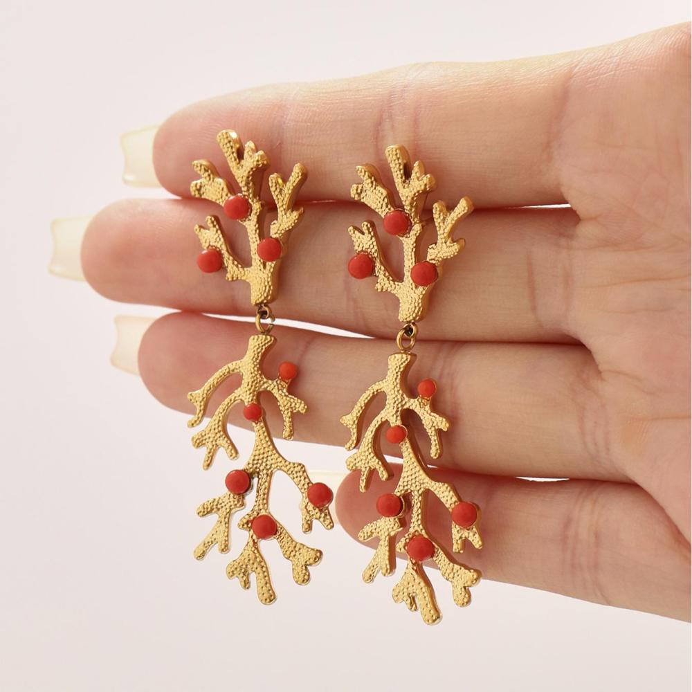 Boucles D'Oreilles Pendantes Pour Femme, En Acier Inoxydable Doré, Couleur Corail, Imperméables, Collection Luxe (1 Paire) Image5