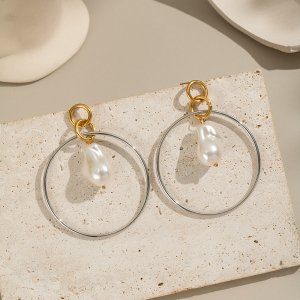 Boucles D'Oreilles Pendantes Rondes En Acier Inoxydable Étanche, Couleur Or, Avec Perles (1 Paire). h5 Image5
