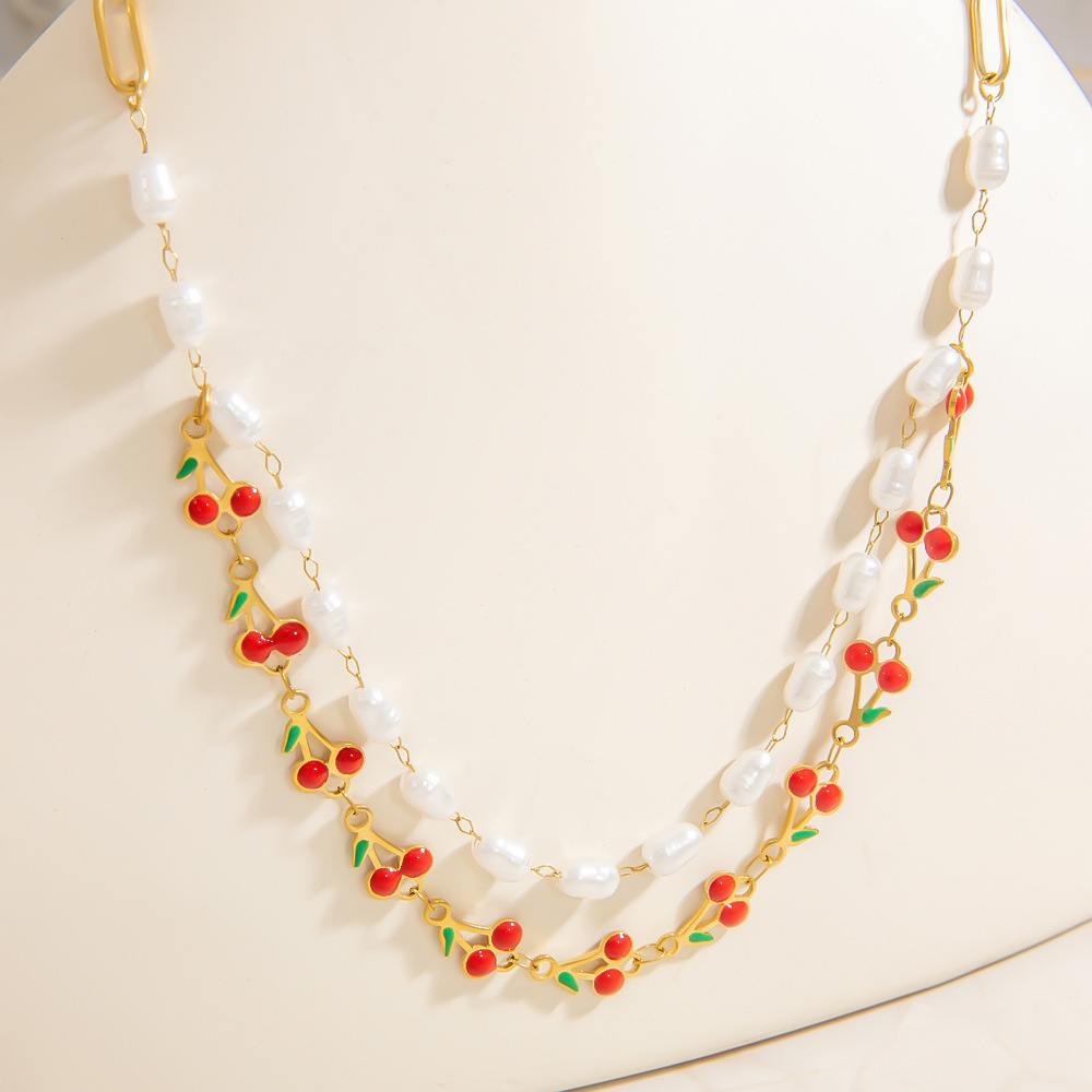 Collier Simple En Acier Inoxydable Pour Femme, 1 Pièce, Motif Cerise Naturelle Image3