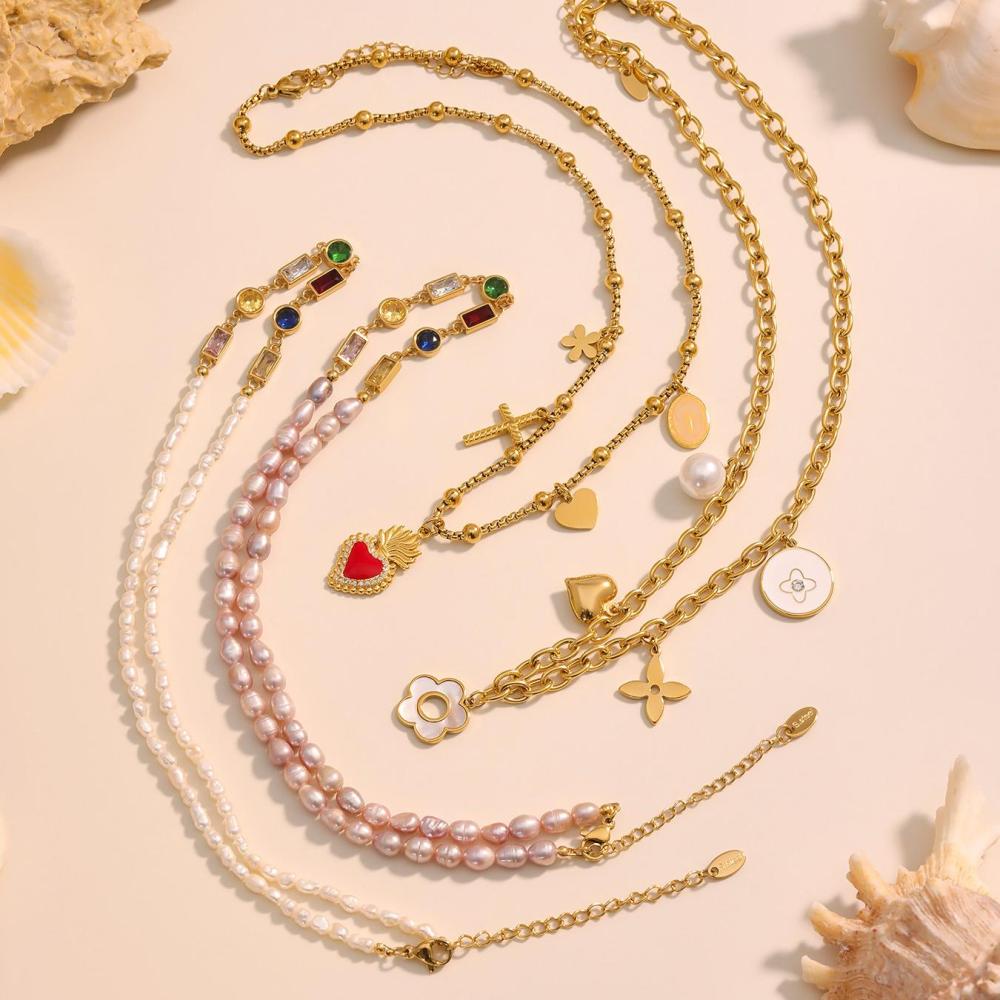 Collier Pendentif Élégant Pour Femme, En Acier Inoxydable, Imperméable, Orné De Perles De Zircon Et D'Une Fleur (1 Pièce) Image6