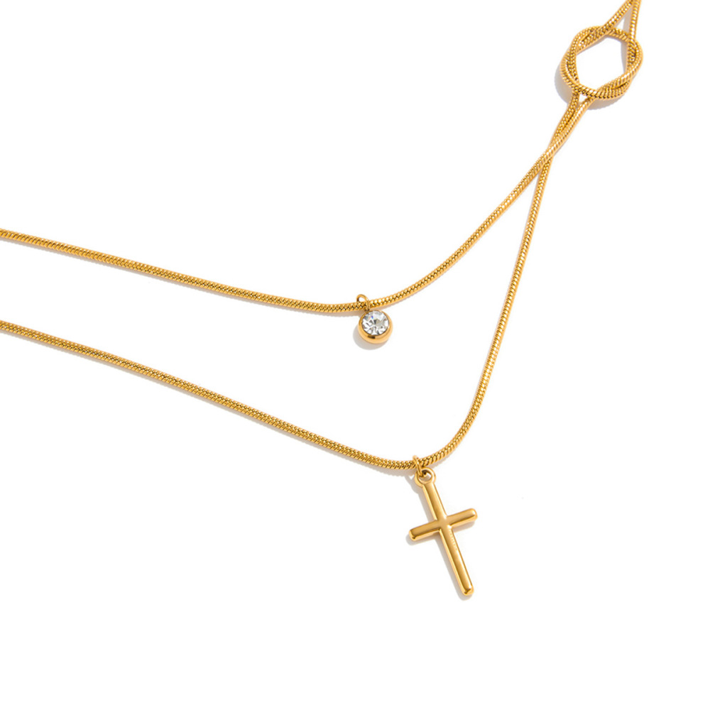 Collier Classique À Plusieurs Rangs En Acier Inoxydable Doré, Étanche, Avec Croix (1 Pièce) Image7