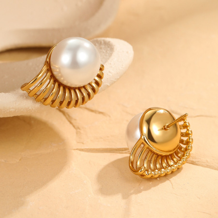1 paire de boucles d'oreilles élégantes en acier inoxydable étanche couleur or avec perles artificielles 2