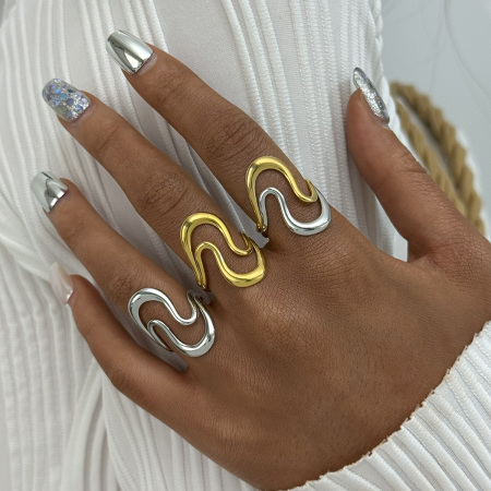 Bague tendance en acier inoxydable doré, forme simple et irrégulière (1 pièce), étanche. 2