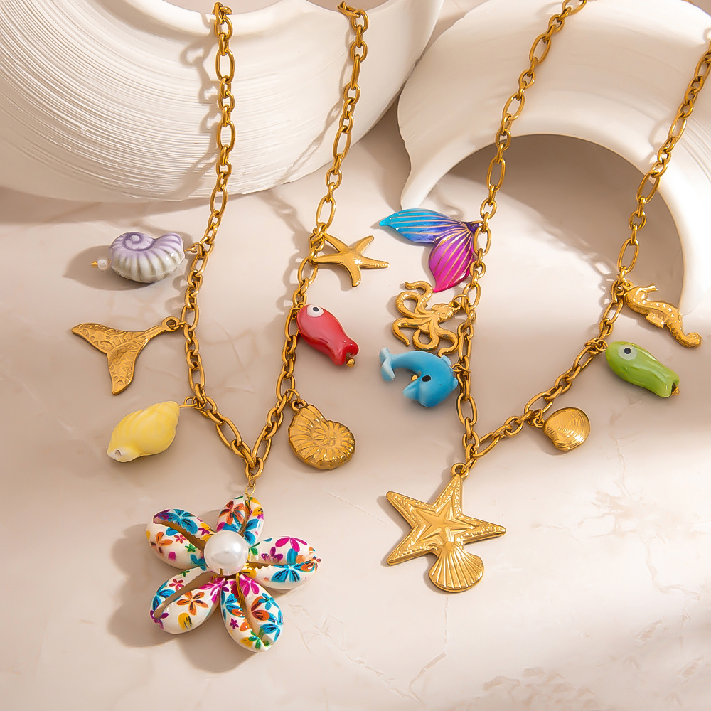 Collier Pendentif Oceanic En Acier Inoxydable Étanche Couleur Or (1 Pièce) h5Image5