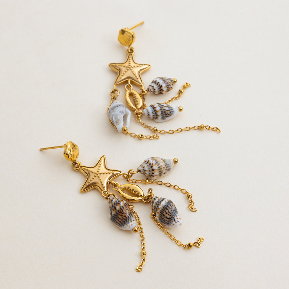 Boucles D'Oreilles Pendantes Pour Femme, En Acier Inoxydable, Couleur Or, Avec Coquillage Naturel Et Étanchéité. Image10