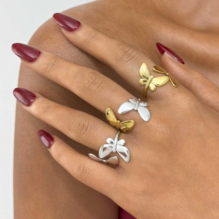 Bague tendance en acier inoxydable doré, couleur papillon naturel (1 pièce)