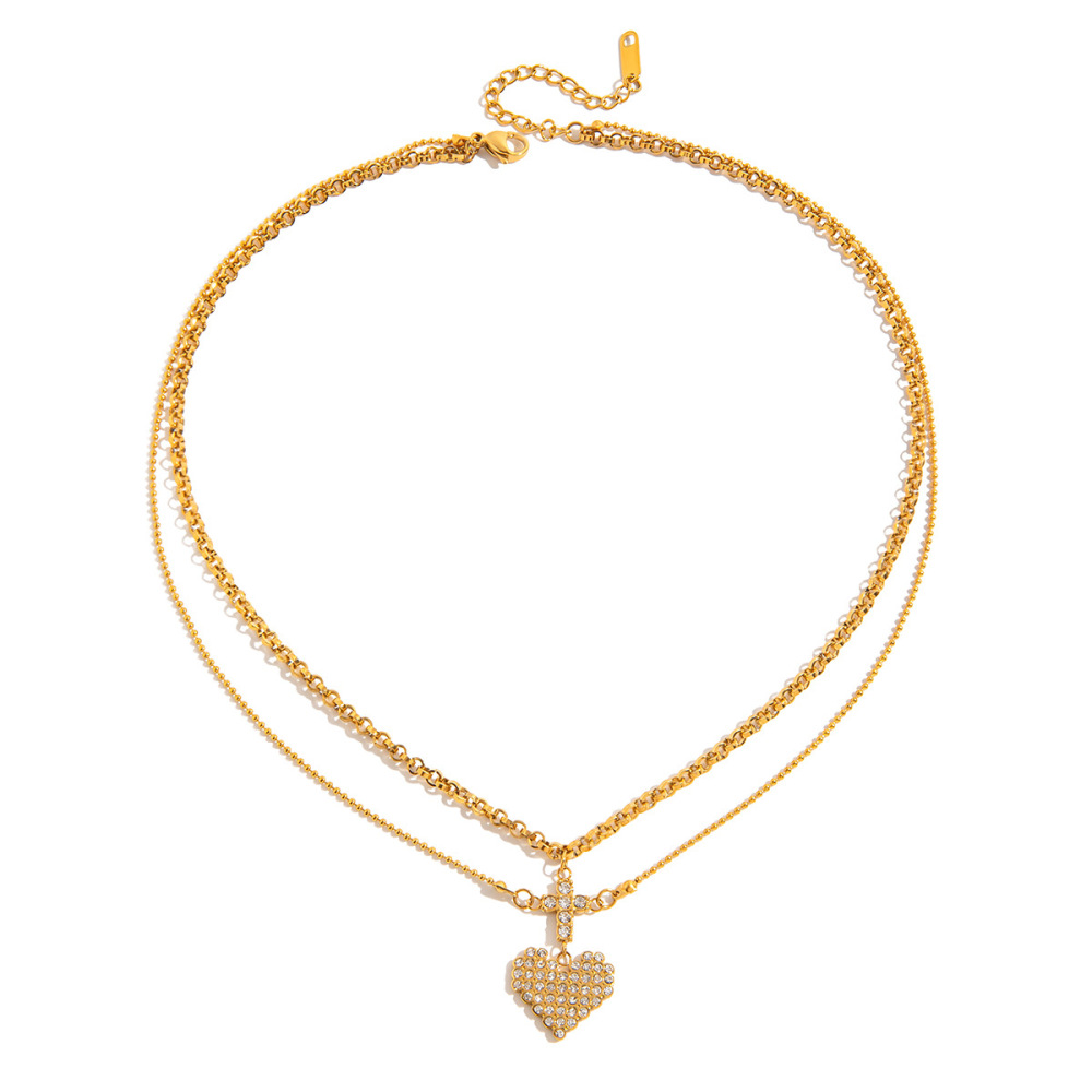 Collier À Plusieurs Rangs Pour Femme, En Acier Inoxydable Doré, Motif Cœur Romantique (1 Pièce)