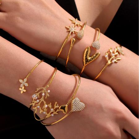 Bracelet jonc femme en acier inoxydable couleur or, motif corail, 1 pièce