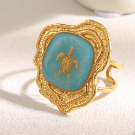 Bague tendance en acier inoxydable imperméable, collection romantique « Tortue de vacances » (1 pièce) 2