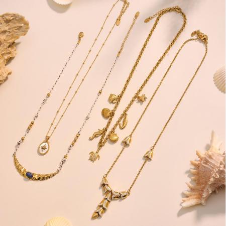 Collier pendentif femme chic en acier inoxydable étanche couleur or avec pierre naturelle (1 pièce) 2