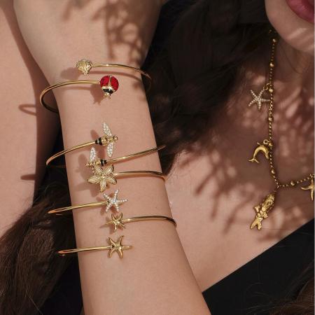 Bracelet jonc délicat en acier inoxydable, imperméable, couleur or, orné de zircon et d'un motif d'insectes (1 pièce) 2