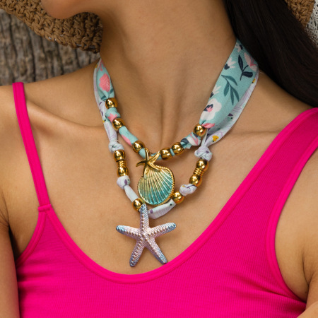 Collier pendentif en acier inoxydable doré, style coquillage et étoile de mer (1 pièce)