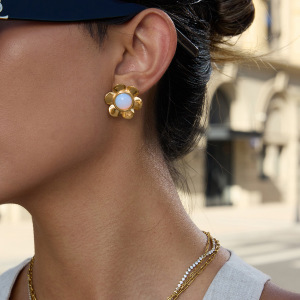 1 Paire De Boucles D'Oreilles Puces Classiques En Acier Inoxydable Doré, Ornées D'Une Fleur D'Opale. h5 Image5