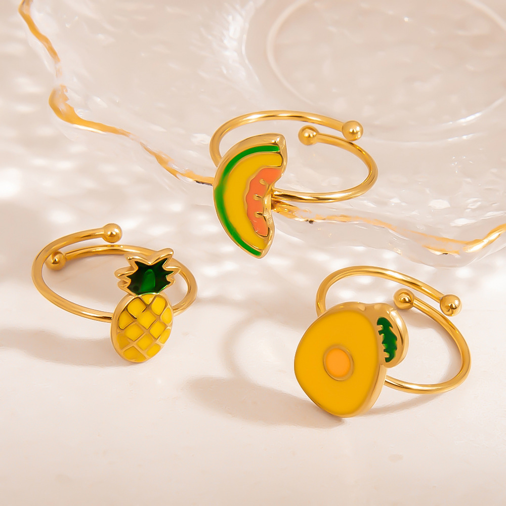 Bague Femme Simple Et Élégante En Acier Inoxydable, Imperméable, Avec Motif De Fruits Du Quotidien (1 Pièce). Image3