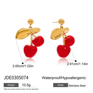 1 Paire De Boucles D'Oreilles Pendantes Pour Femme, En Acier Inoxydable Doré, Couleur Cerise Vive. h5 Image2