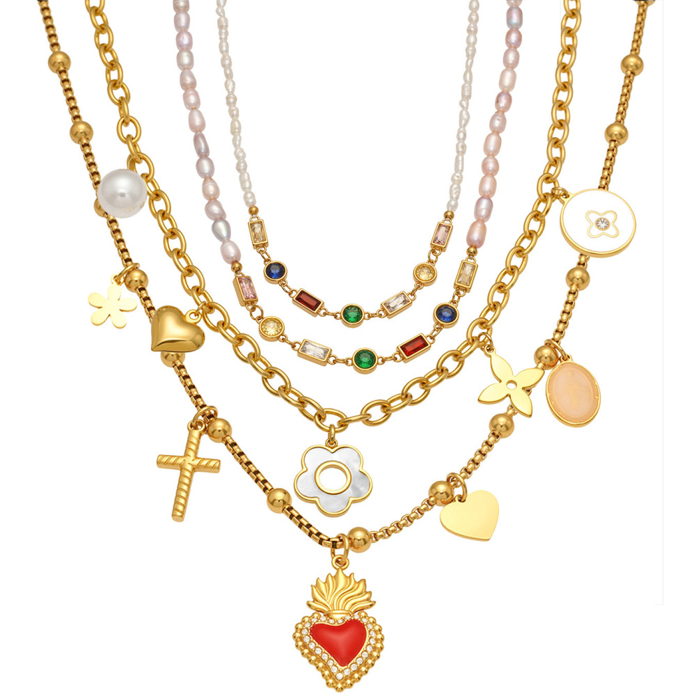 Collier Pendentif Élégant Pour Femme, En Acier Inoxydable, Imperméable, Orné De Perles De Zircon Et D'Une Fleur (1 Pièce) Image8