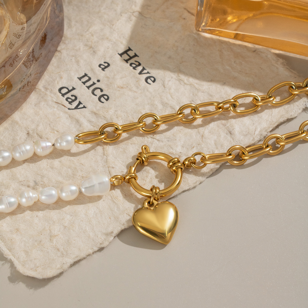Collier En Acier Inoxydable Imperméable Avec Perles En Forme De Cœur (1 Pièce) Image5