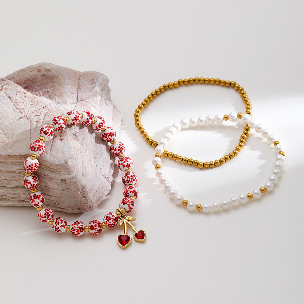 Bracelet En Perles Pour Femme, 1 Pièce, En Céramique, Couleur Or, Motif Fleur Douce Image2