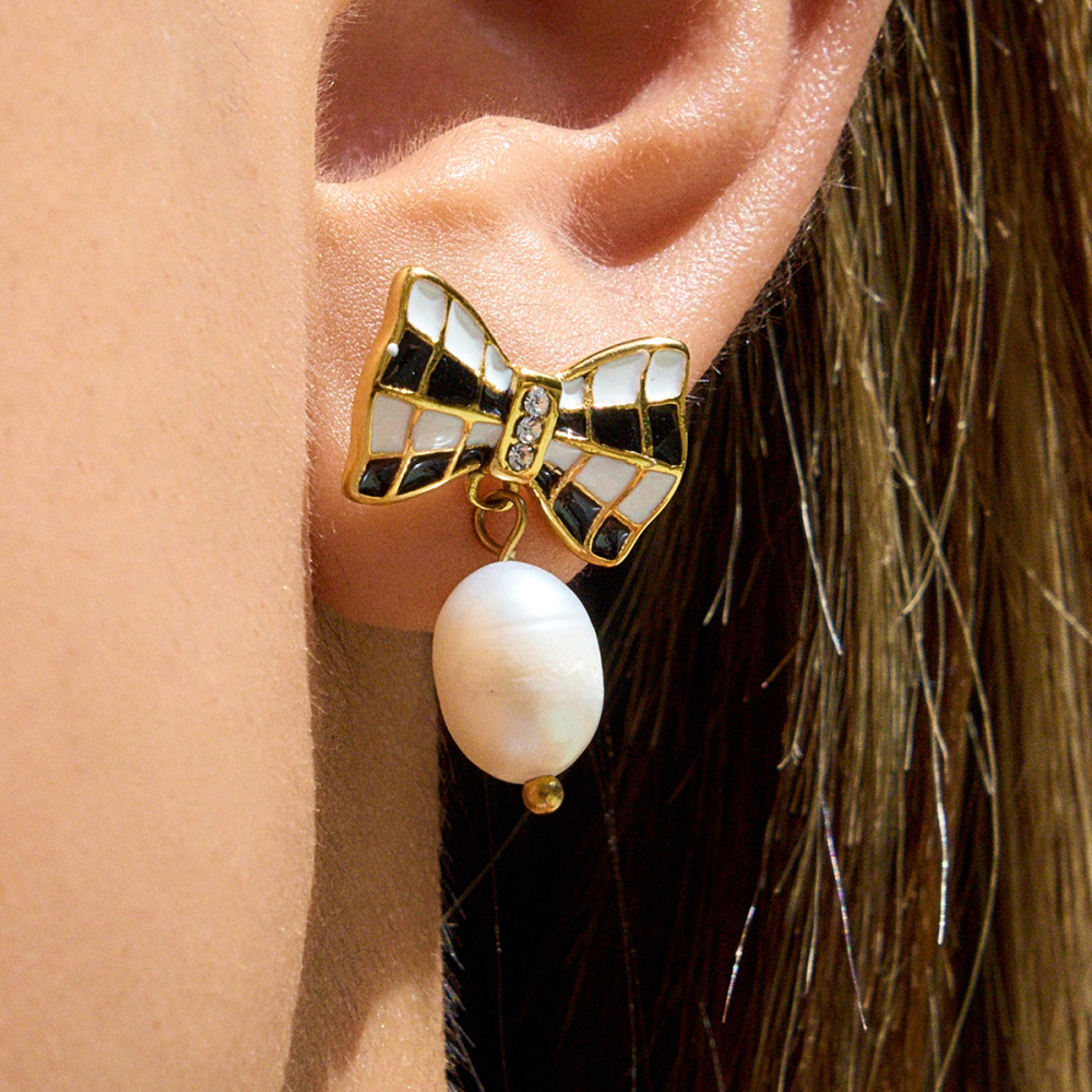 Boucles D'Oreilles Pendantes Pour Femme, En Acier Inoxydable Doré, Imperméables, Avec Nœud Papillon (1 Paire). Image4