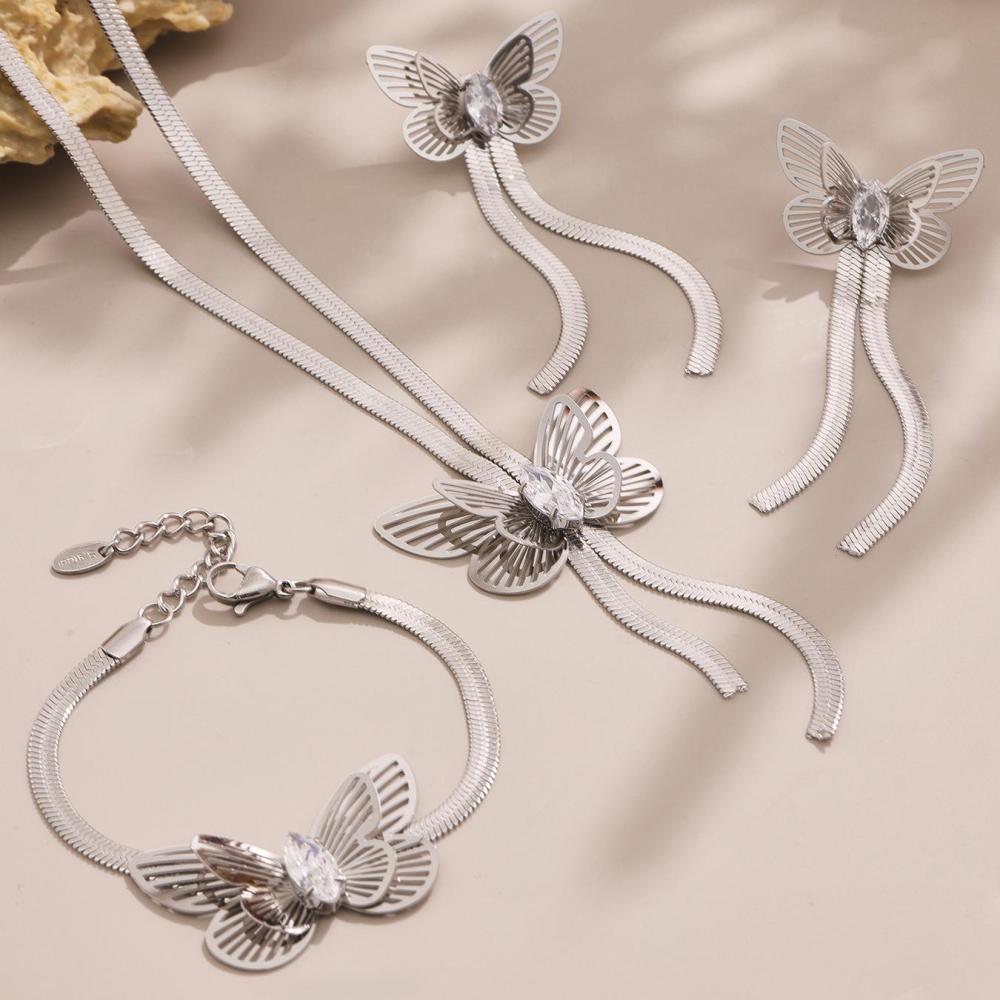 Ensemble De Bijoux Pour Femme 1 Pièce, Motif Papillon Romantique, En Acier Inoxydable Étanche Couleur Or Image6