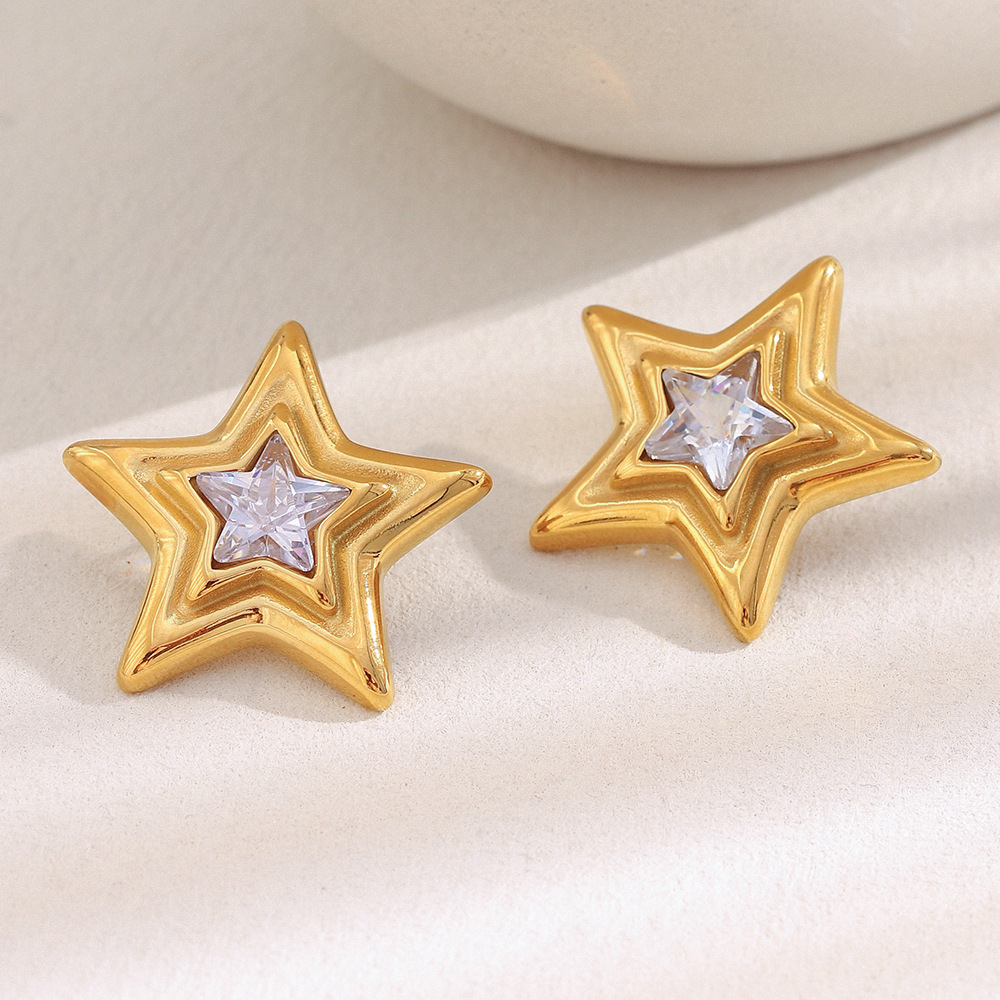 1 Paire De Boucles D'Oreilles Puces Classiques Et Simples En Forme D'Étoile, En Acier Inoxydable Étanche, Couleur Or, Pour Femme. Image2