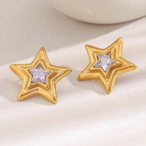 1 Paire De Boucles D'Oreilles Puces Classiques Et Simples En Forme D'Étoile, En Acier Inoxydable Étanche, Couleur Or, Pour Femme. h5 Image2