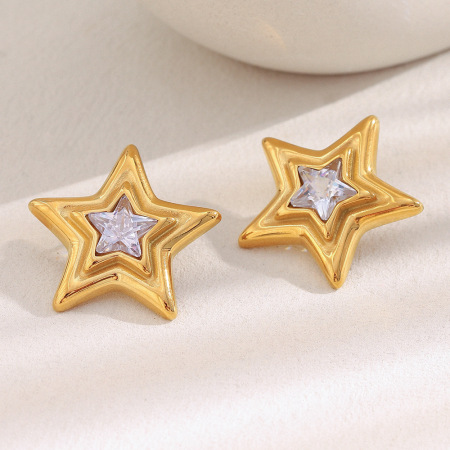 1 paire de boucles d'oreilles puces classiques et simples en forme d'étoile, en acier inoxydable étanche, couleur or, pour femme. 2