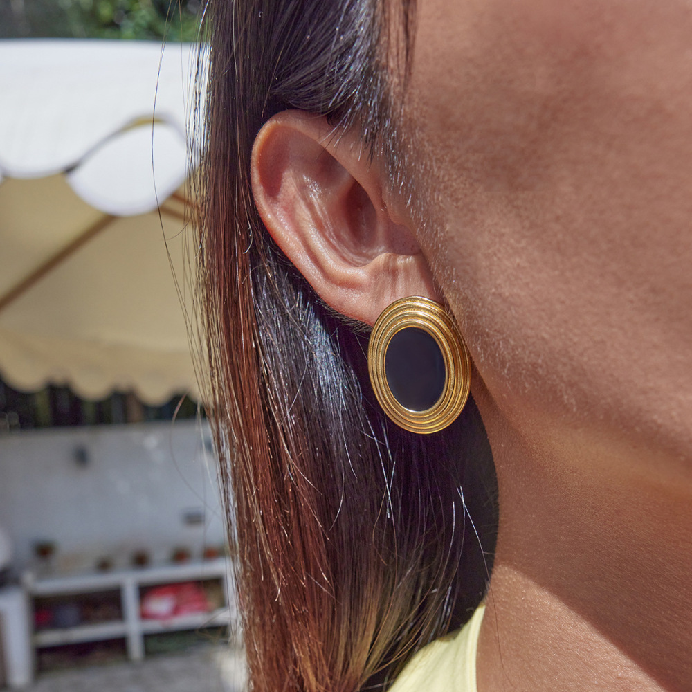 1 Paire De Boucles D'Oreilles Puces Ovales Rétro Classiques En Acier Inoxydable Étanche Couleur Or Pour Femmes Image5