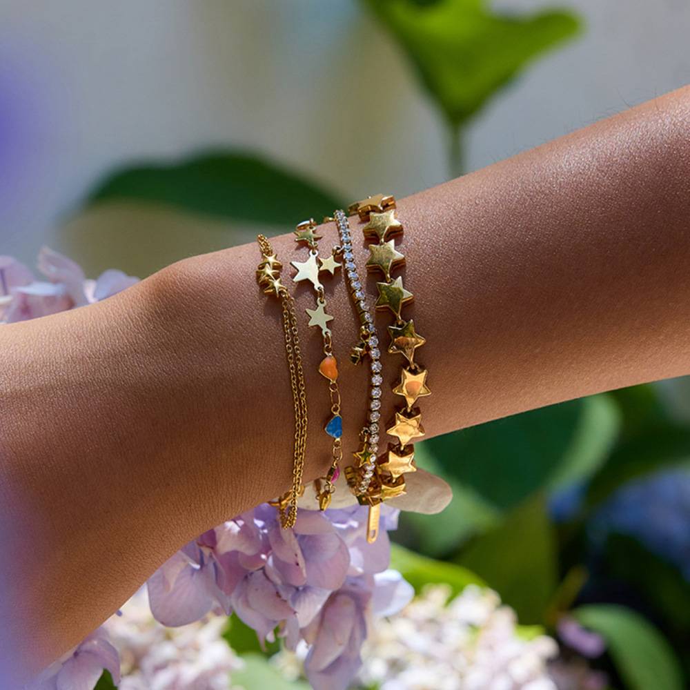 Bracelet À Maillons Pour Femme, En Acier Inoxydable Doré, Étanche, Orné D'Une Étoile Brillante (1 Pièce). Image4