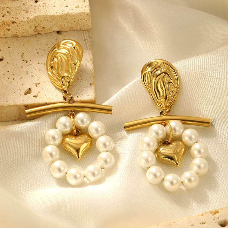 Boucles D'Oreilles Romantiques Rétro En Forme De Cœur, En Acier Inoxydable Étanche, Couleur Or, Avec Perles (1 Paire). Image3