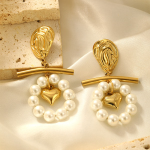 Boucles D'Oreilles Romantiques Rétro En Forme De Cœur, En Acier Inoxydable Étanche, Couleur Or, Avec Perles (1 Paire). h5 Image3