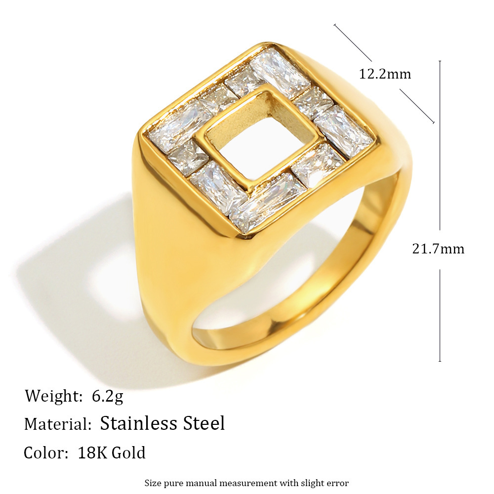 Bague De Luxe Rectangulaire Pour Tous Les Jours, En Acier Inoxydable Étanche, Couleur Or (1 Pièce). Image8