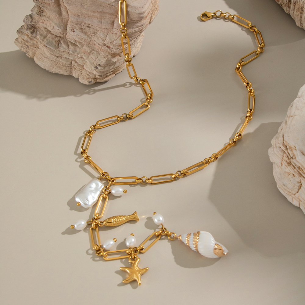Collier Pendentif Perle Couleur Or En Acier Inoxydable Étanche (1 Pièce) Image4