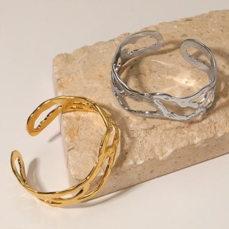 Bracelets Manchettes Géométriques Simples En Acier Inoxydable Étanche Couleur Or Pour Femmes 2