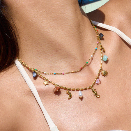 Collier à plusieurs rangs pour femme, motif hippocampe, en acier inoxydable, couleur or, étanche (1 pièce)
