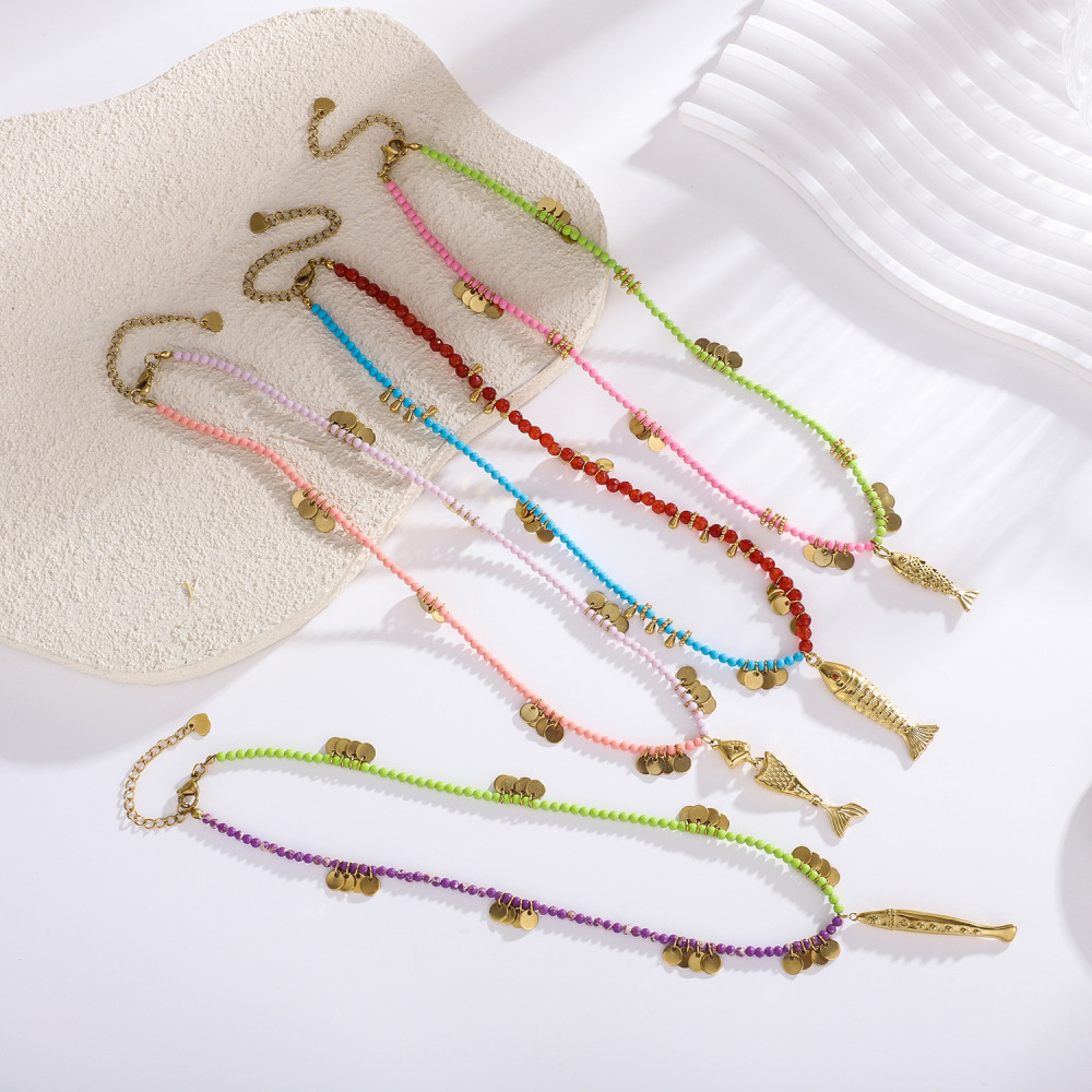 Collier De Perles Pour Femme, 1 Pièce, En Acier Inoxydable Étanche, Couleur Or, Motif Poisson Vif h5Image3