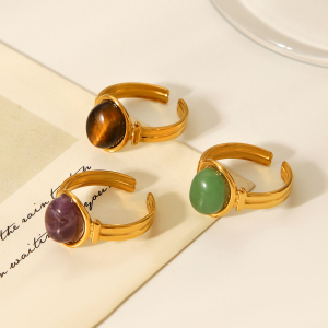 Bague Pour Femme En Acier Inoxydable Étanche Avec Pierre Naturelle, Forme Irrégulière, À Porter Au Quotidien (1 Pièce). h5 Image6