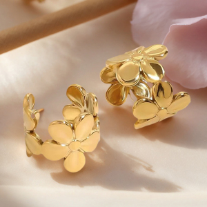Boucle D'Oreille Manchette Femme Simple En Acier Inoxydable, Imperméable, Couleur Or, Motif Floral (1 Pièce) h5 Image3