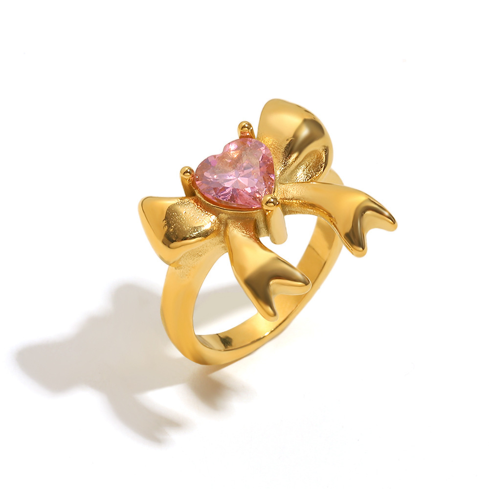 Bague Pour Femme En Acier Inoxydable Étanche Avec Nœud Papillon Mignon Et Zircon, 1 Pièce, Collection Simple. 