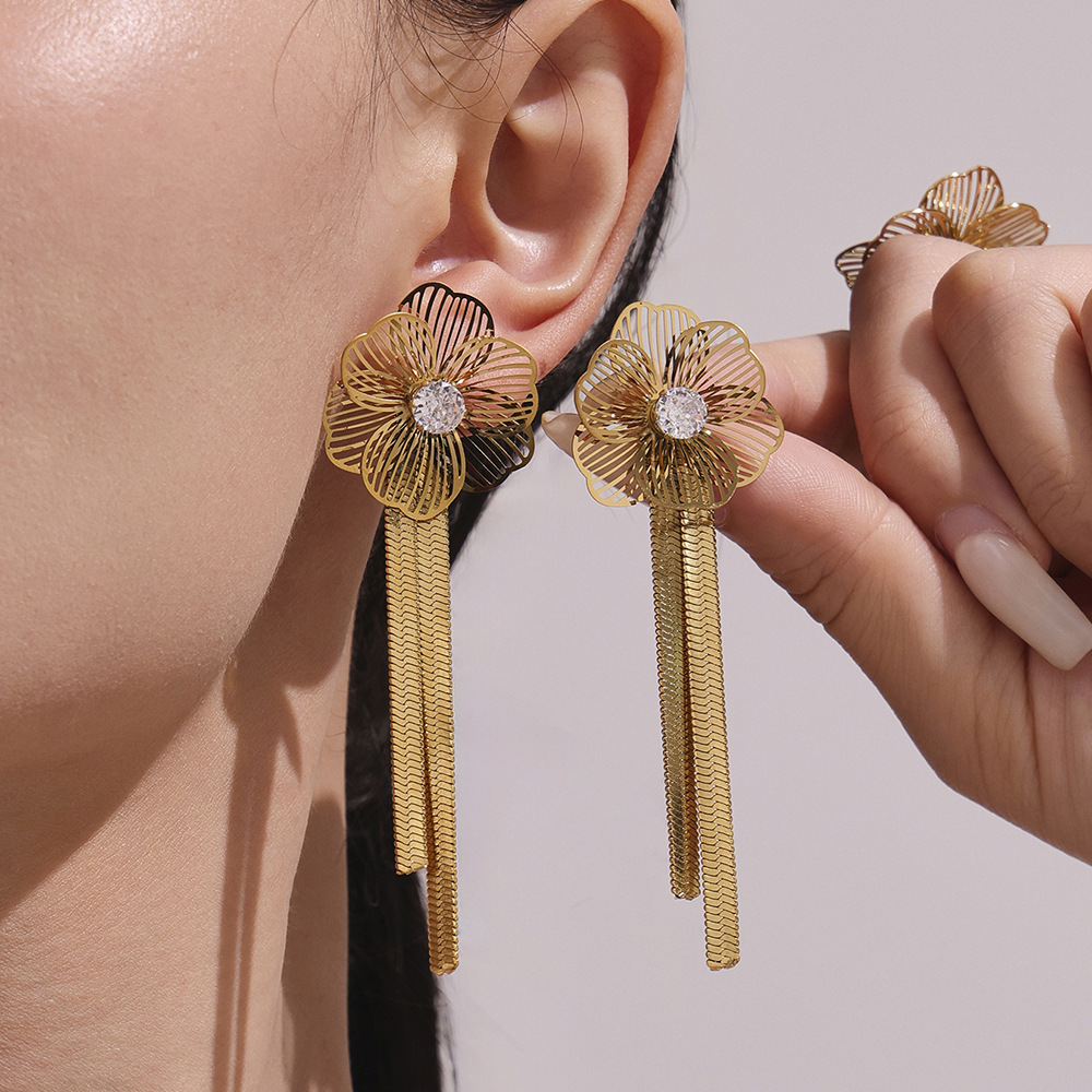 Ensemble De Bijoux Pour Femme En Acier Inoxydable Doré, Orné D'Un Zircon Et D'Une Fleur Classique (1 Pièce). h5Image6