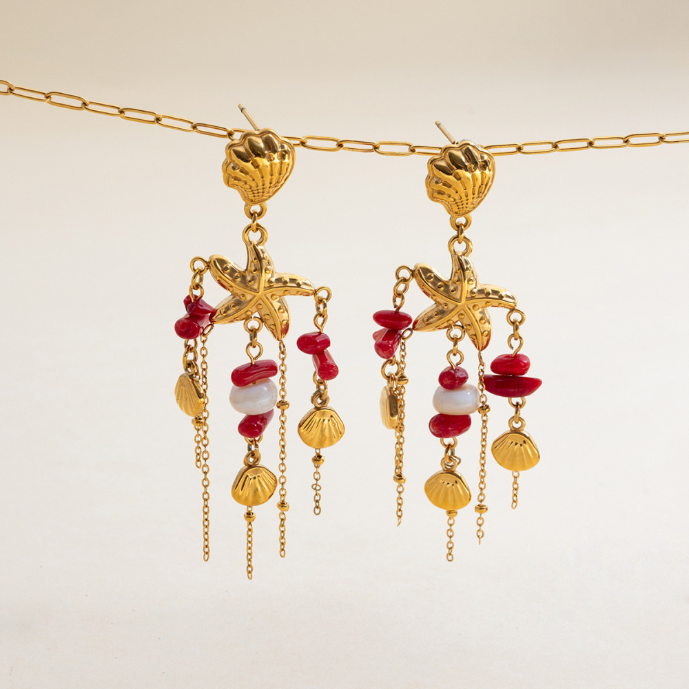 Boucles D'Oreilles Pendantes Pour Femme, En Acier Inoxydable, Couleur Or, Avec Coquillage Naturel Et Étanchéité. Image7