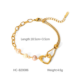 1 Paire De Bracelets À Maillons Pour Femme, Motif Cœur, En Acier Inoxydable, Couleur Or, Étanches, Avec Pierre Naturelle. h5 Image2