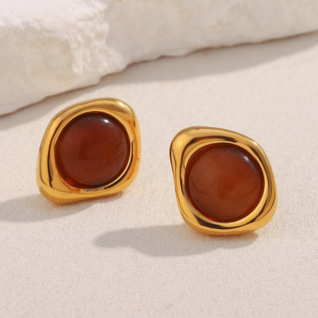 1 paire de boucles d'oreilles puces classiques annulaires en acier inoxydable étanche, couleur or, avec pierre naturelle