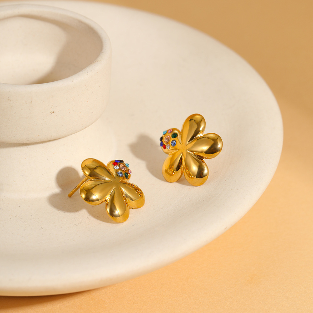1 Paire De Boucles D'Oreilles Puces En Acier Inoxydable Imperméables À Motif Floral Doux Image3