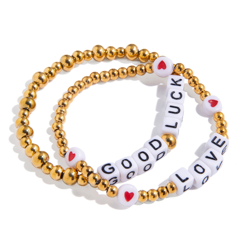 Bracelet Classique À Lettres En Acier Inoxydable Étanche Pour Femme, Orné De Perles (1 Pièce). Image9