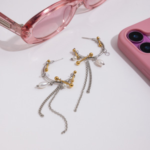 1 Paire De Boucles D'Oreilles Pendantes Luxueuses À Pompons En Acier Inoxydable Étanche, Couleur Or Et Argent, Pour Femme. h5 Image4